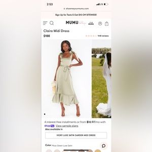 Show Me Your MuMu, Claire Midi Dress, Moss Green Luxe Satin, Size XL